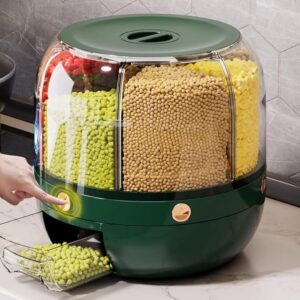 Delavala Large Grain Dispenser, Grain - Rice Storage Container Kitchen, 360° Rotating 6 Grid Cereal Dispenser, Dry Food Soybean Corn Sugar Flour Dog Cat Food spice Rack Dispenser Bucket (Green, 24 cm)