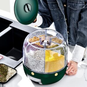 Delavala Large Grain Dispenser, Grain - Rice Storage Container Kitchen, 360° Rotating 6 Grid Cereal Dispenser, Dry Food Soybean Corn Sugar Flour Dog Cat Food spice Rack Dispenser Bucket (Green, 24 cm) (Copy)